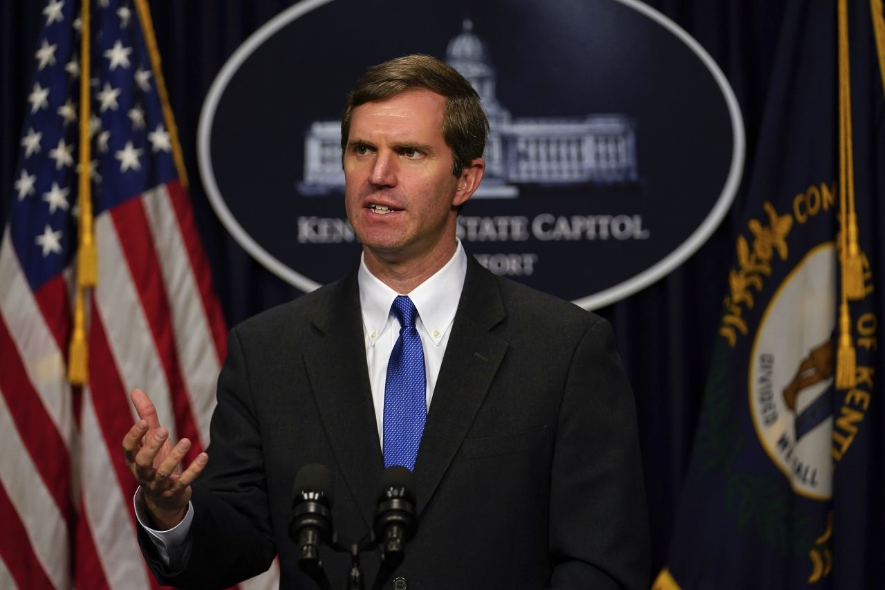 Kentucky Gov. Andy Beshear speaks to the press at the Capitol in Frankfort, Kentucky, on February 19.