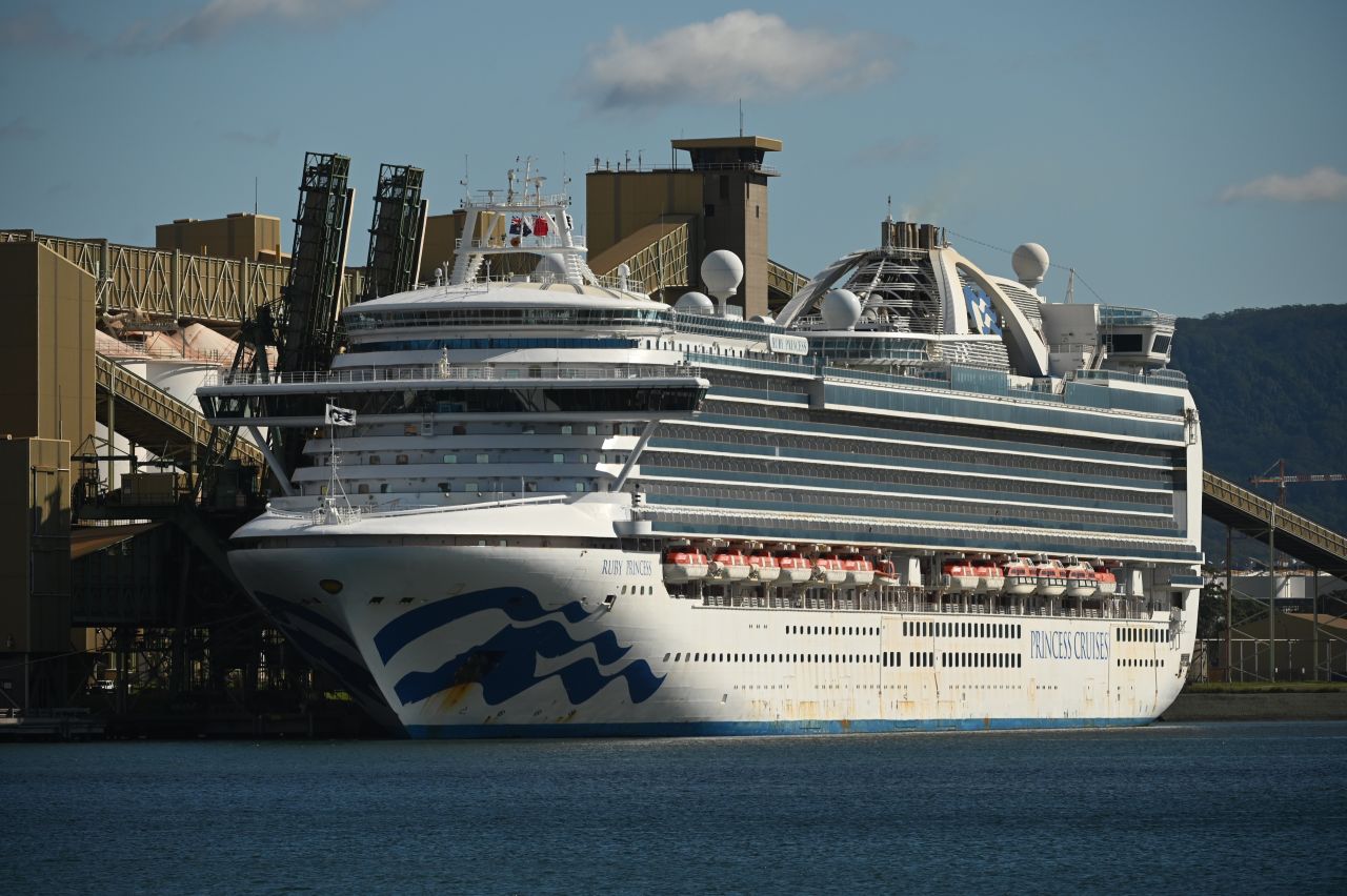 Cruise liner Ruby Princess sits in the harbour in Port Kembla, 80km south of Sydney after coming in to refuel and restock on April 6.