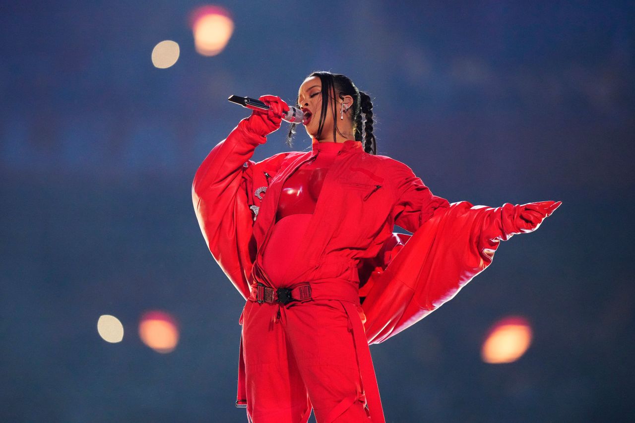 Rihanna performs during the halftime show of Super Bowl LVII.