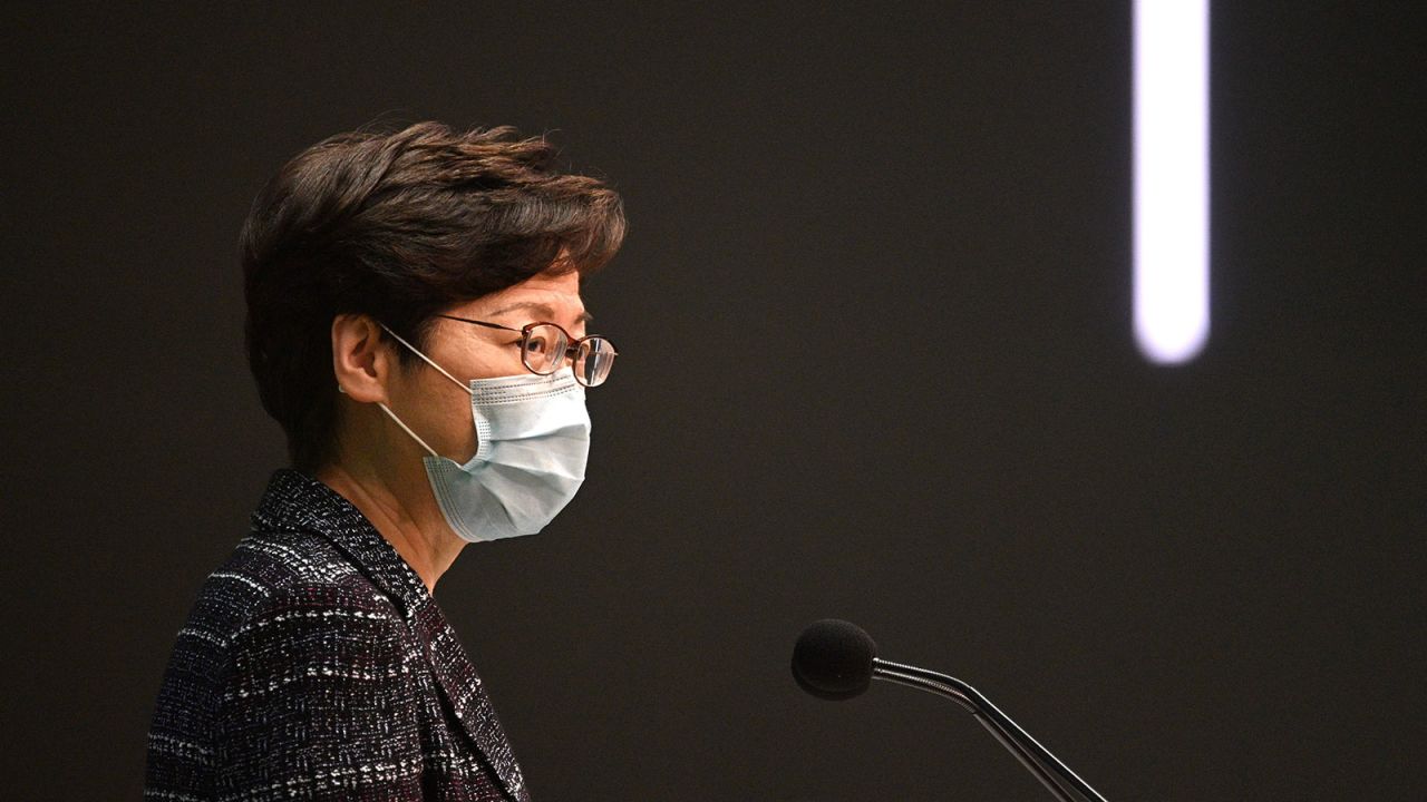 Hong Kong Chief Executive Carrie Lam speaks during her weekly news conference at the government headquarters in Hong Kong on April 21.