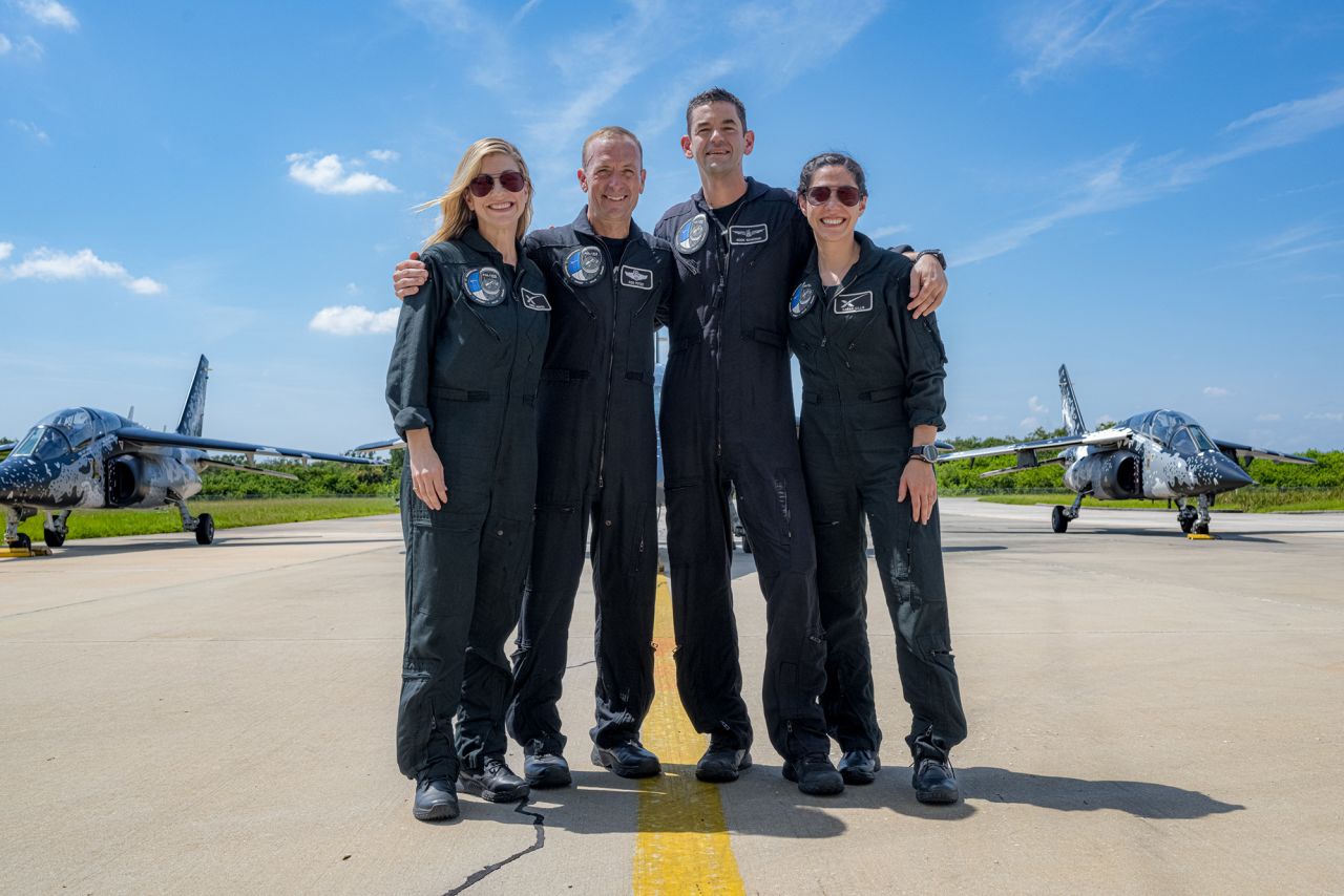 From left: Anna Menon, Scott Poteet, Jared Isaacman and Sarah Gillis of the Polaris Dawn crew at Kennedy Space Center, in Cape Canaveral, Florida, in August 2024. 