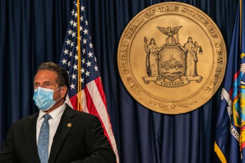 New York Gov. Andrew Cuomo wearing a protective mask attends during the daily media briefing at the Office of the Governor of the State of New York on July 23 in New York City.