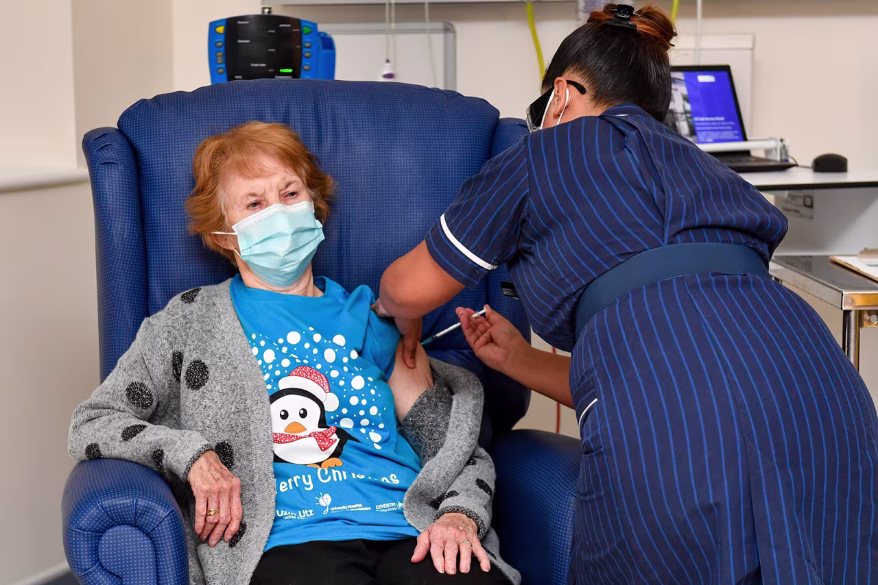 Margaret Keenan, 90, becomes the first patient in the U.K. to receive the Covid-19 vaccine at University Hospital in Coventry, United Kingdom, on December 8.