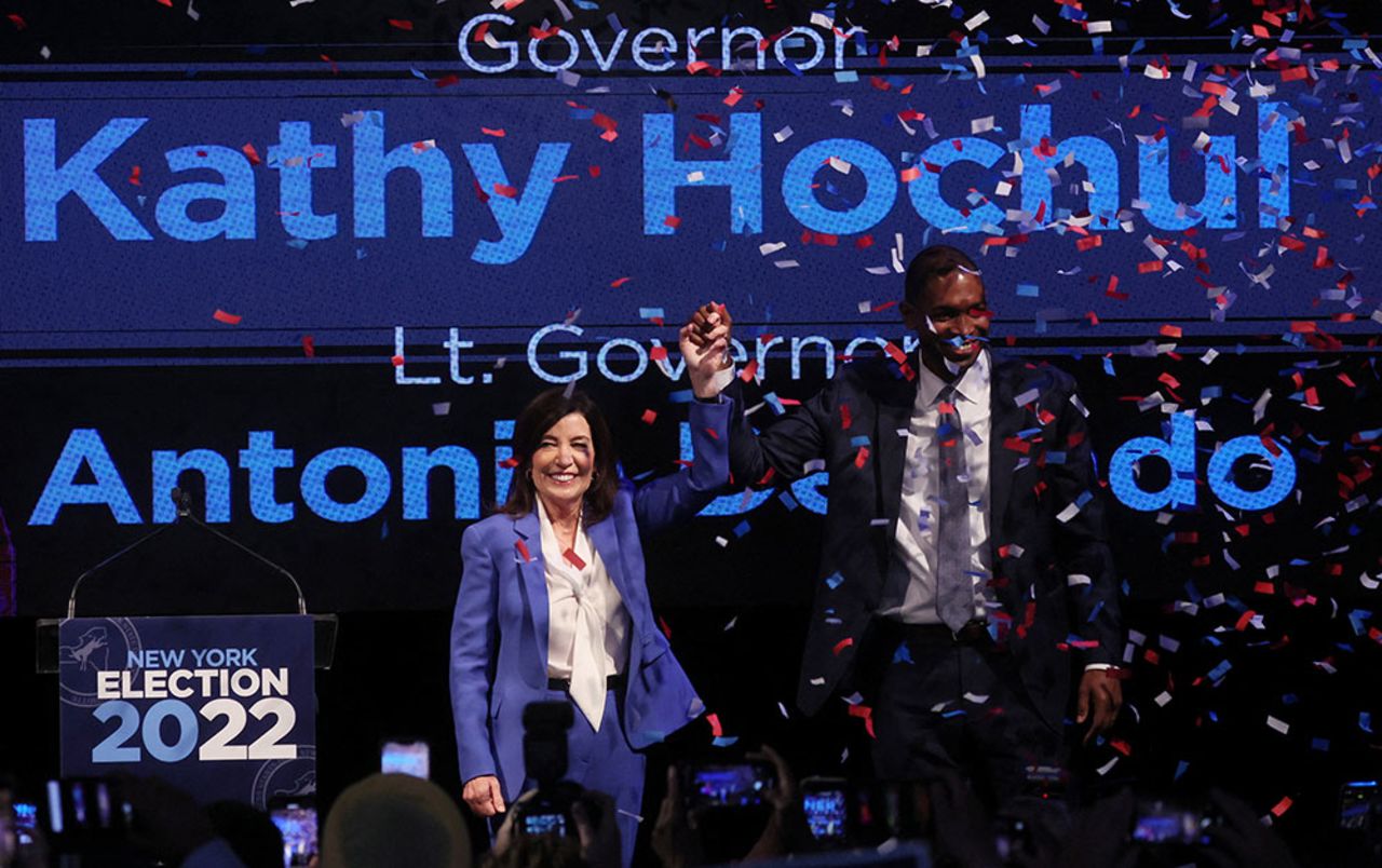 Hochul?celebrates with her Lt. Governor Antonio Delgado at her midterm election night party after winning re-election in New York, New York, on Tuesday November 8.