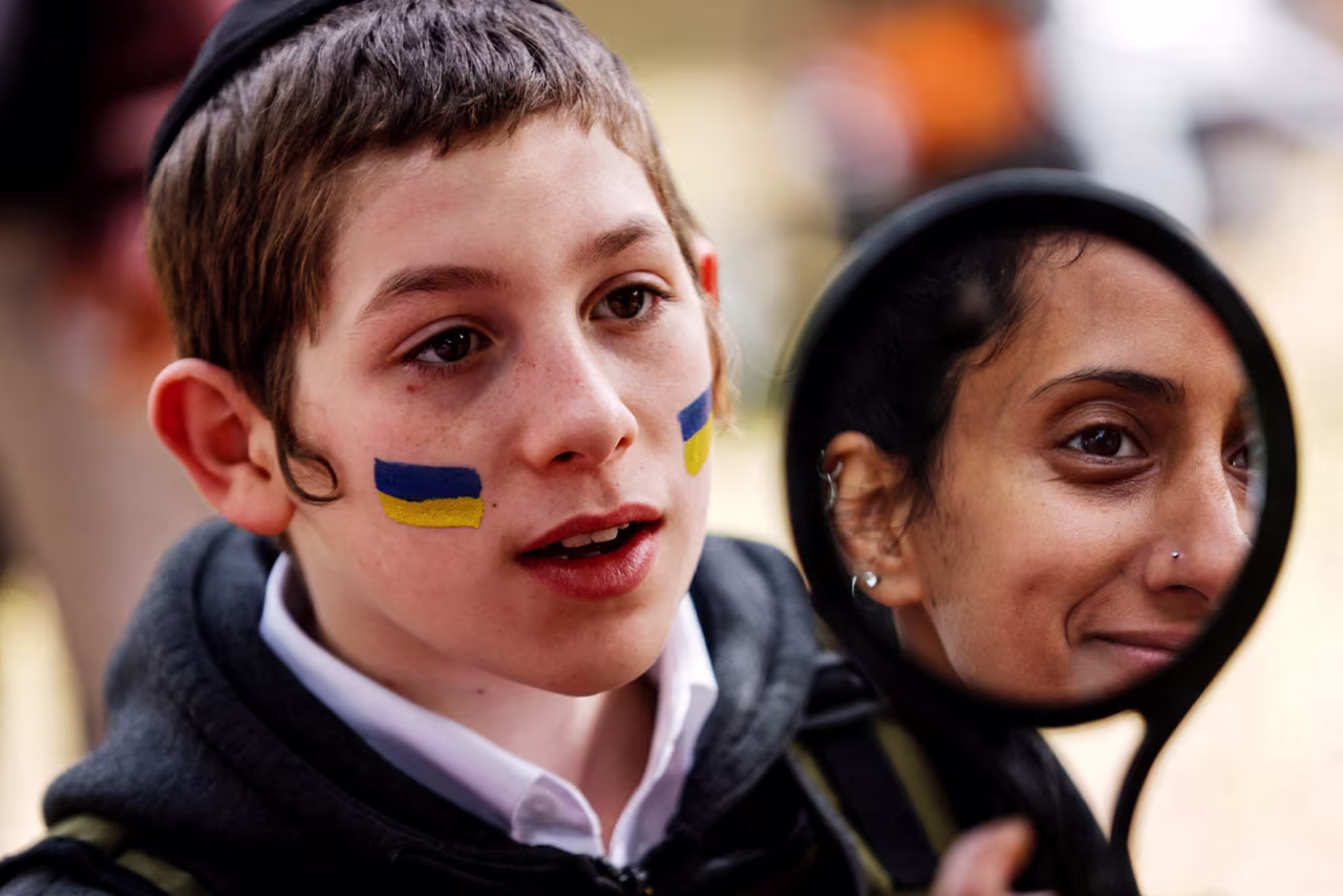Mendy, a Jewish Ukrainian refugee and student from the Alumim children's home in Zhytomyr, Ukraine, celebrates the Jewish holiday of Purim after arriving in Israel following Russia's invasion of Ukraine, at the Nes Harim Field and Forest Education Center in Nes Harim, Israel.