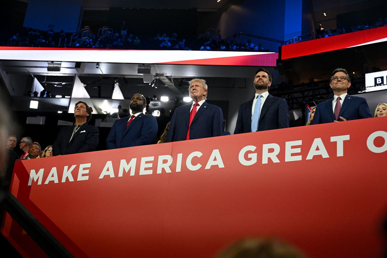 Former US President Donald Trump and Senator JD Vance, appear during the Republican National Convention in Milwaukee on Monday, July 15.