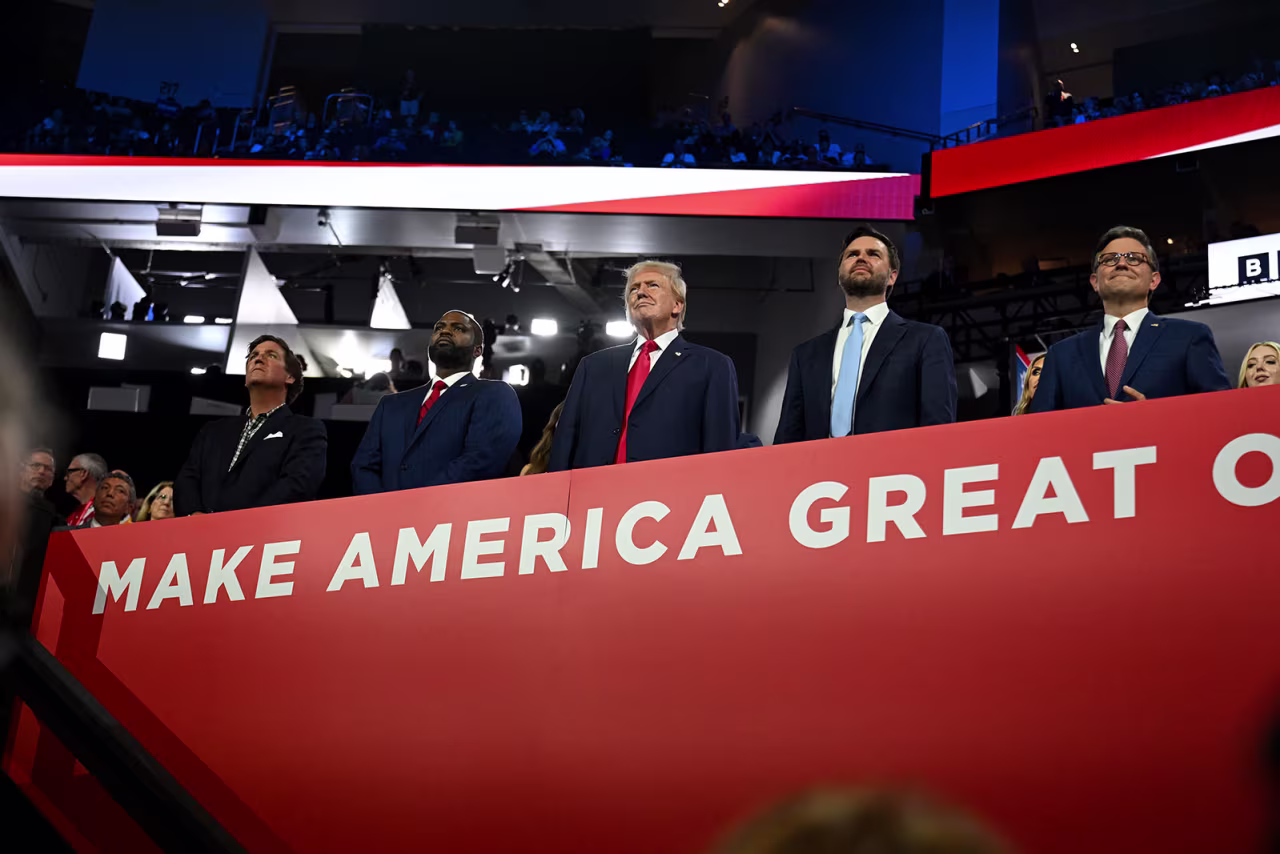 Former US President Donald Trump and Senator JD Vance, appear during the Republican National Convention in Milwaukee on Monday, July 15.
