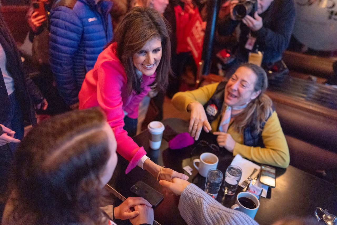 Republican presidential candidate Nikki Haley greets supporters during a campaign event at Drake Diner in Des Moines, Iowa, on Monday.