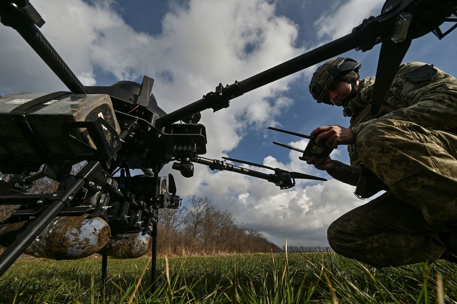 A Ukrainian serviceman checks a connection with an unmanned aerial vehicle near the front lines of the war with Russia on Friday, February 2.