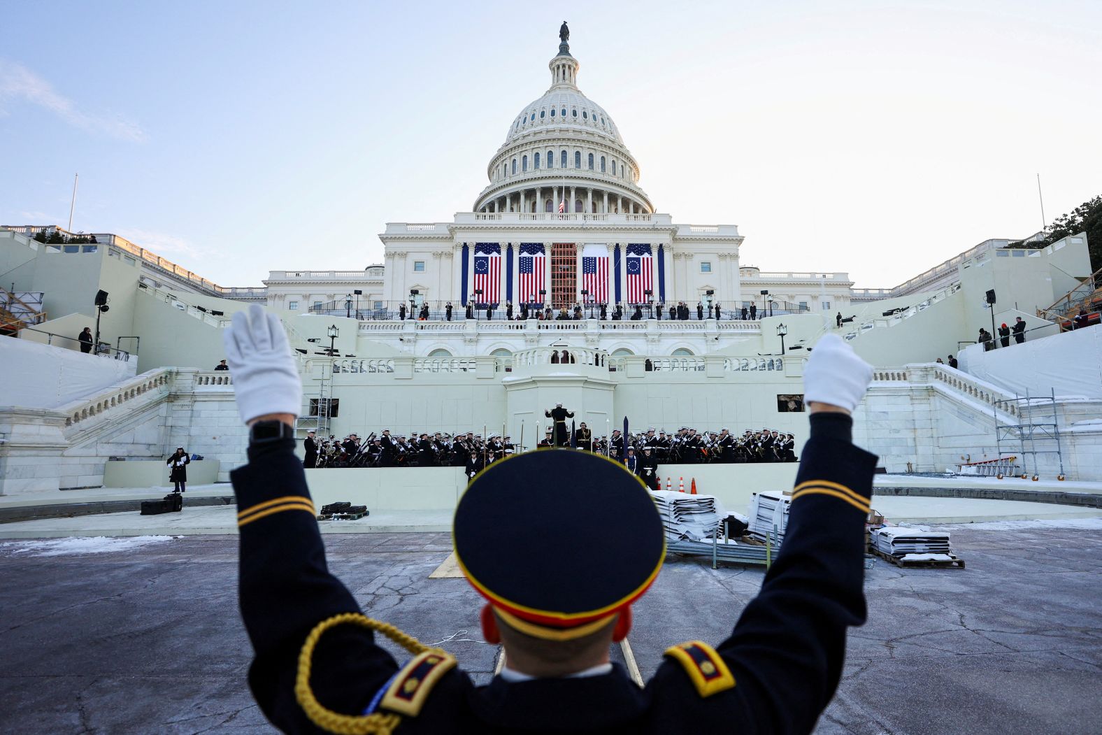 A conductor attends an inauguration rehearsal in front of the US Capitol on Sunday, January 12.