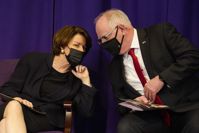 Walz and Klobuchar speak in April 2021 before funeral services for Daunte Wright, an unarmed Black man who was shot by a police officer during a traffic stop.