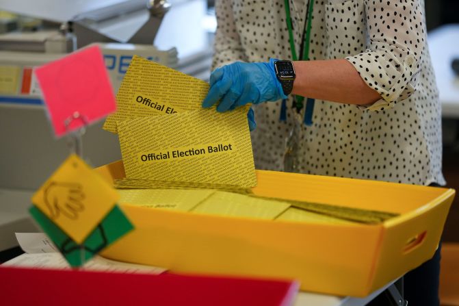 Election workers process mail-in ballots in West Chester, Pennsylvania, on Tuesday.