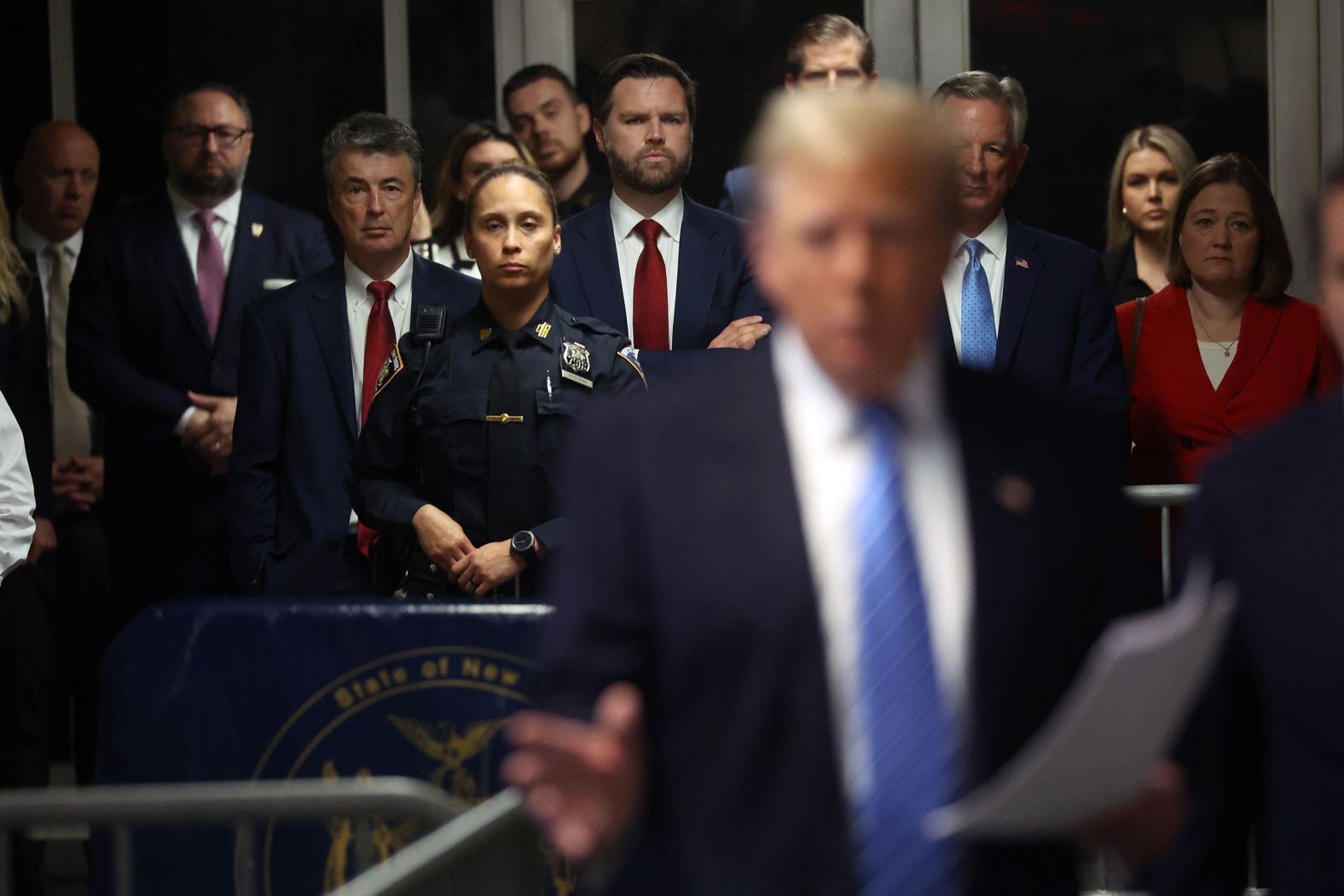 Vance watches Trump speaks to the media at Manhattan Criminal Court in New York in May 2024. Vance was one of several potential running mates and Republican lawmakers to stand by Trump’s side during his <a href="index.php?page=&url=http%3A%2F%2Fwww.cnn.com%2F2023%2F03%2F31%2Fpolitics%2Fgallery%2Ftrump-indictment%2Findex.html">criminal hush money trial</a>.