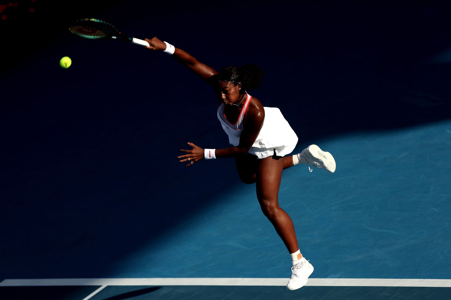 Tennis pro Alycia Parks serves to Greet Minnen during the ASB Classic in Auckland, New Zealand, on Thursday, January 2.