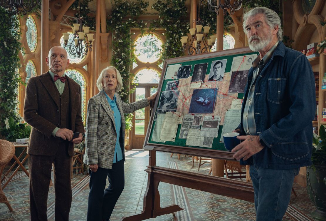 Sir Ben Kingsley, Helen Mirren and Pierce Brosnan in “The Thursday Murder Club.”