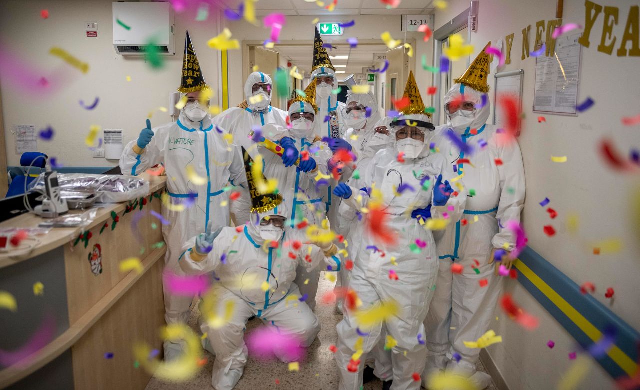 Health-care workers celebrate the new year in the intensive-care unit at the San Filippo Neri Hospital in Rome.