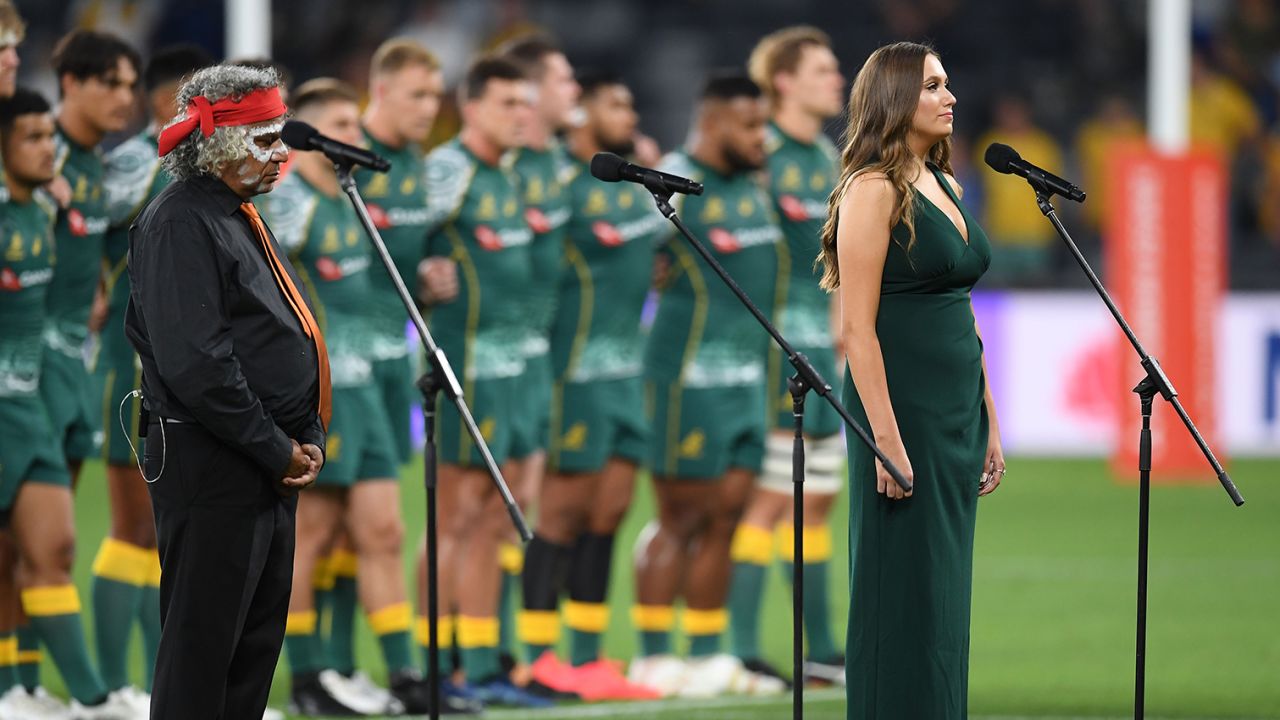Olivia Fox sings Australia's national anthem in the Eora language during the Tri Nations rugby match in Sydney on December 5, 2020.