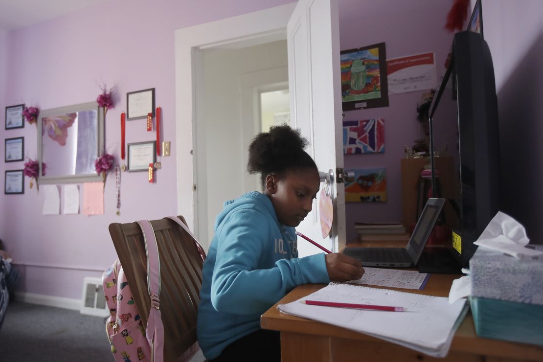 In this April 9, 2020, file photo, Sunnyside Elementary School fourth-grader Miriam Amacker does school work in her room at her family's home in San Francisco.