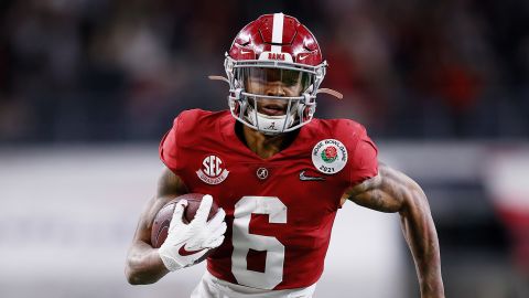 DeVonta Smith had three touchdowns against Notre Dame during a College Football Playoff semifinal game on Friday.