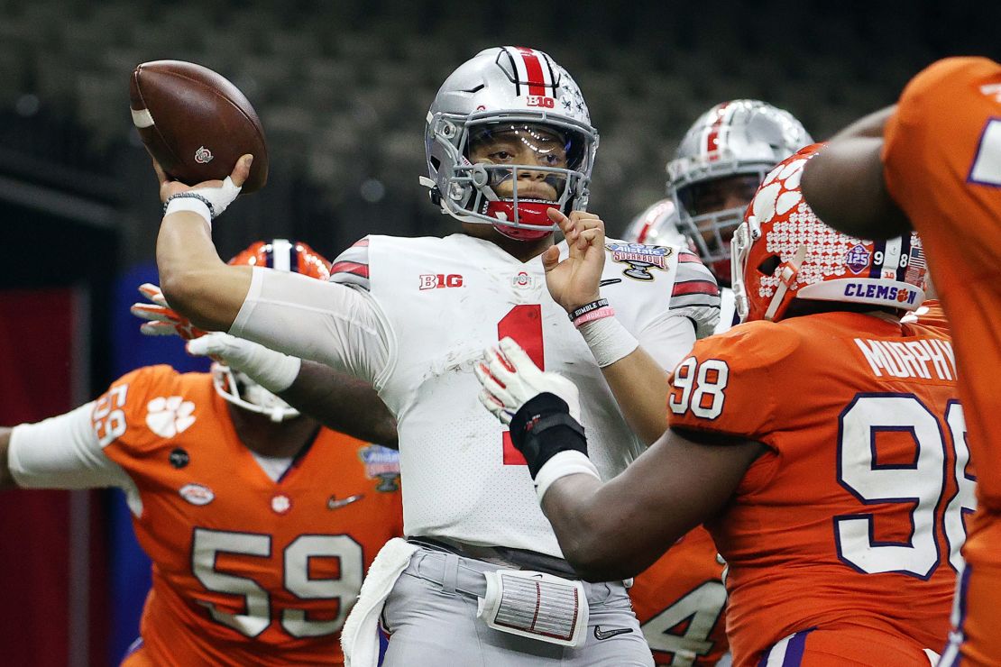 Justin Fields passes against the Clemson Tigers in the third quarter  at the Allstate Sugar Bowl. 