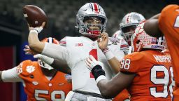 NEW ORLEANS, LOUISIANA - JANUARY 01: Justin Fields #1 of the Ohio State Buckeyes passes against the Clemson Tigers in the third quarter during the College Football Playoff semifinal game at the Allstate Sugar Bowl at Mercedes-Benz Superdome on January 01, 2021 in New Orleans, Louisiana. (Photo by Chris Graythen/Getty Images)