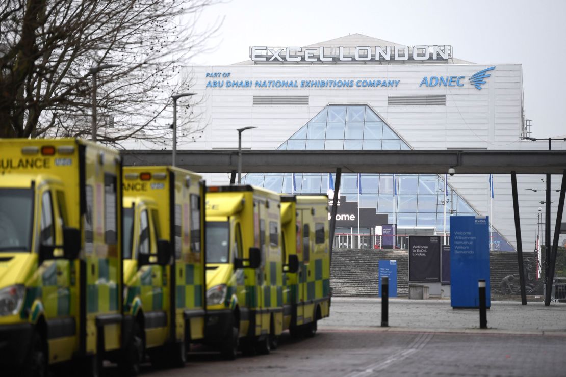 Ambulances are parked outside the NHS Nightingale hospital at the ExCel centre in east London on January 1, 2021.