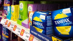 Sanitary products and tampons on sale in a Glasgow supermarket, February 20, 2020.