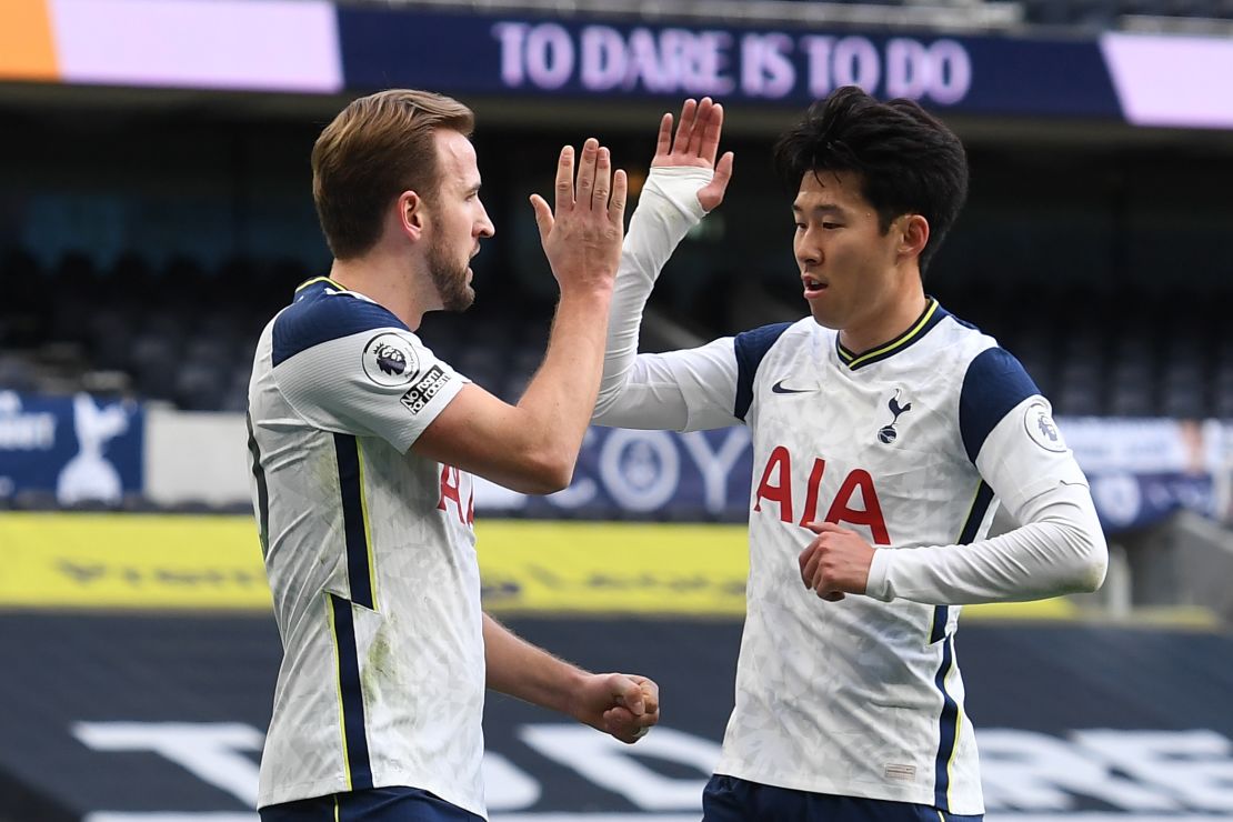 Harry Kane celebrates with Son Heung-min after putting Tottenham Hotspur ahead against Leeds United. Son later scored the second in a 3-0 win. 