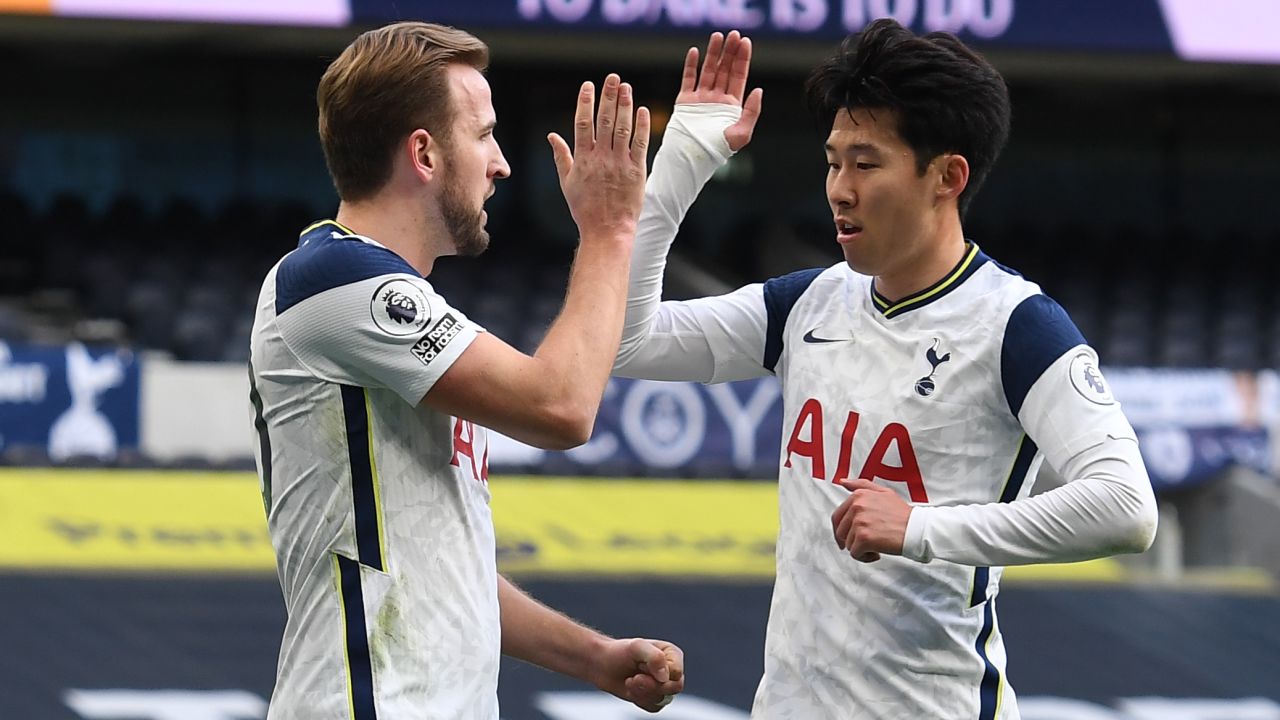 Harry Kane celebrates with Son Heung-min after putting Tottenham Hotspur ahead against Leeds United. Son later scored the second in a 3-0 win.