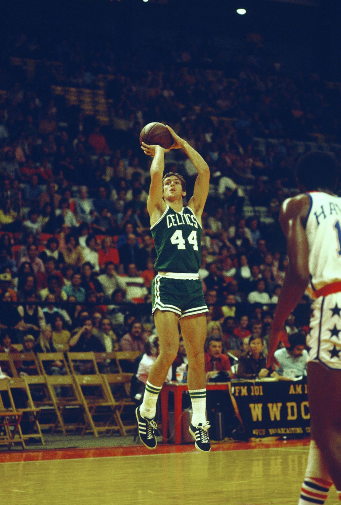 Playing for the Boston Celtics, Paul Westphal takes a shot against the Washington Bullets in 1975. 