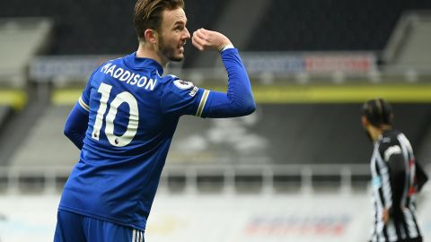 Darts fan James Maddison of Leicester City celebrates after scoring the opener at Newcastle in a 2-1 win. 