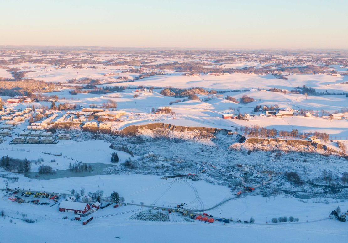 An aerial view on January 3 of the area impacted in Ask, Norway.