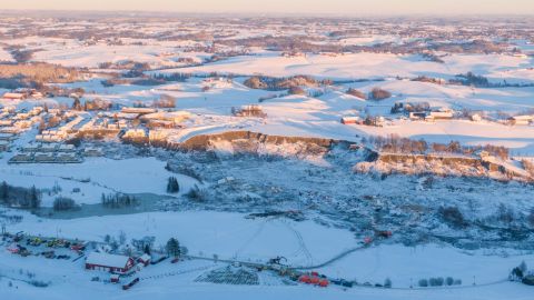 An aerial view on January 3 of the area impacted in Ask, Norway.