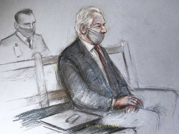 A sketch depicts Assange appearing at the Old Bailey courthouse in London for a ruling in his extradition case on Monday, January 4. A judge <a href="index.php?page=&url=https%3A%2F%2Fedition.cnn.com%2F2021%2F01%2F04%2Fuk%2Fjulian-assange-extradition-wikileaks-us-gbr-intl%2Findex.html" target="_blank">rejected a US request to extradite Assange,</a> saying that such a move would be "oppressive" by reason of his mental health. 