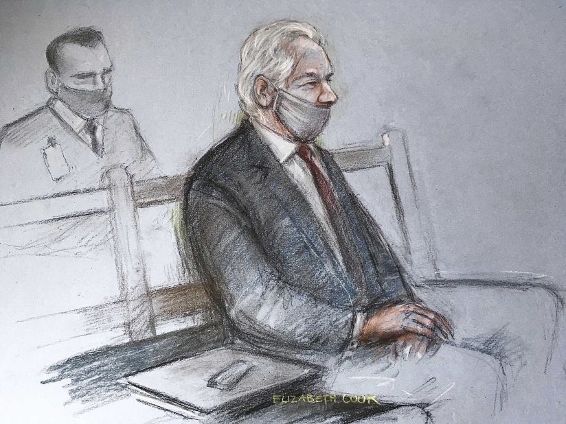 A sketch depicts Assange appearing at the Old Bailey courthouse in London for a ruling in his extradition case in January 2021. A judge <a href="https://edition.cnn.com/2021/01/04/uk/julian-assange-extradition-wikileaks-us-gbr-intl/index.html" target="_blank">rejected a US request to extradite Assange,</a> saying that such a move would be "oppressive" by reason of his mental health. <a href="https://www.cnn.com/2021/12/10/europe/julian-assange-extradition-appeal-ruling-intl/index.html" target="_blank">That ruling was overturned</a> in December by two senior judges.