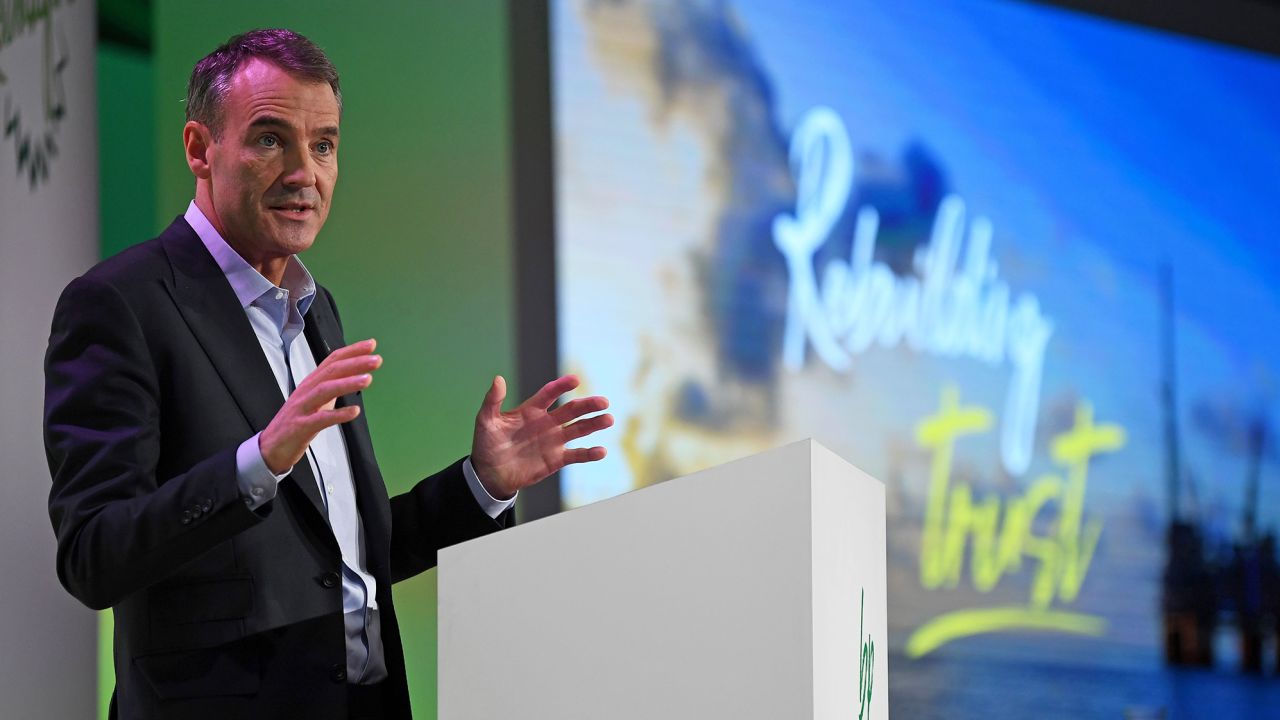 BP CEO Bernard Looney speaks during an event in London on February 12, 2020, where he declared the company's intentions to achieve "net zero" carbon emissions by 2050. 
