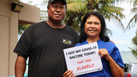 Palau Minister of Health Dr. Emais Roberts with the first person to receive the Covid-19 vaccine in the country, Dr. Sylvia Osarch.
