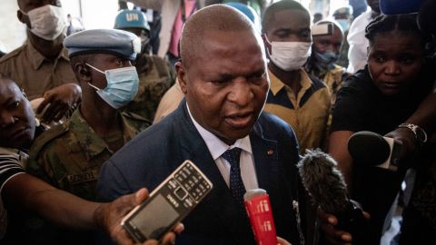 President Faustin-Archange Touadera speaks to the media in December after casting his vote at the Lycee Boganda polling station in the capital Bangui. 