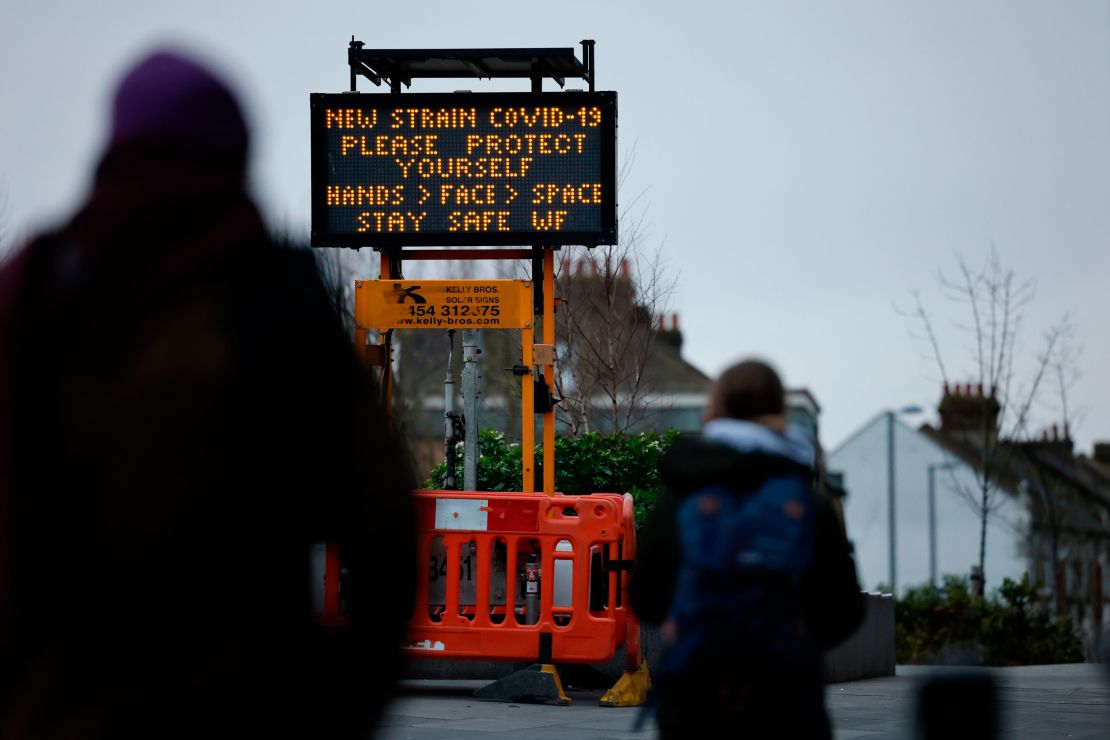 A billboard warns commuters of the new Covid variant at a station in Walthamstow, London on January 5.