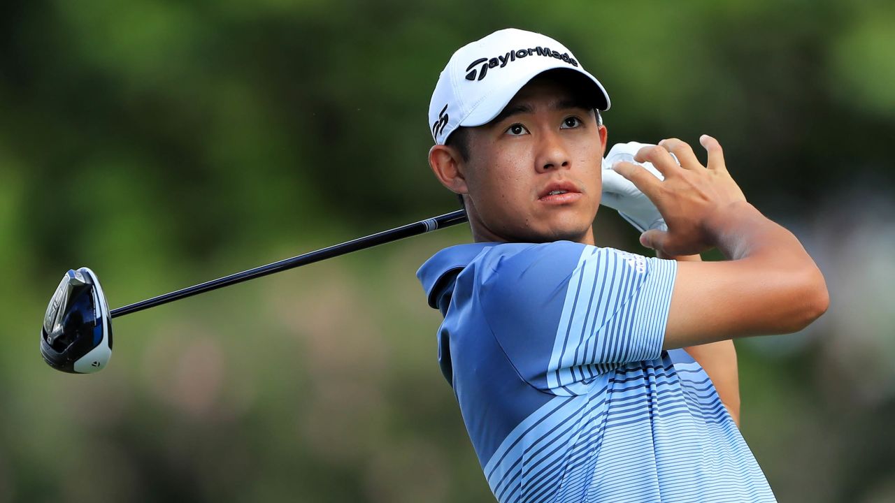 Morikawa plays his shot from the eighth tee during the first round of the Sony Open in Hawaii.