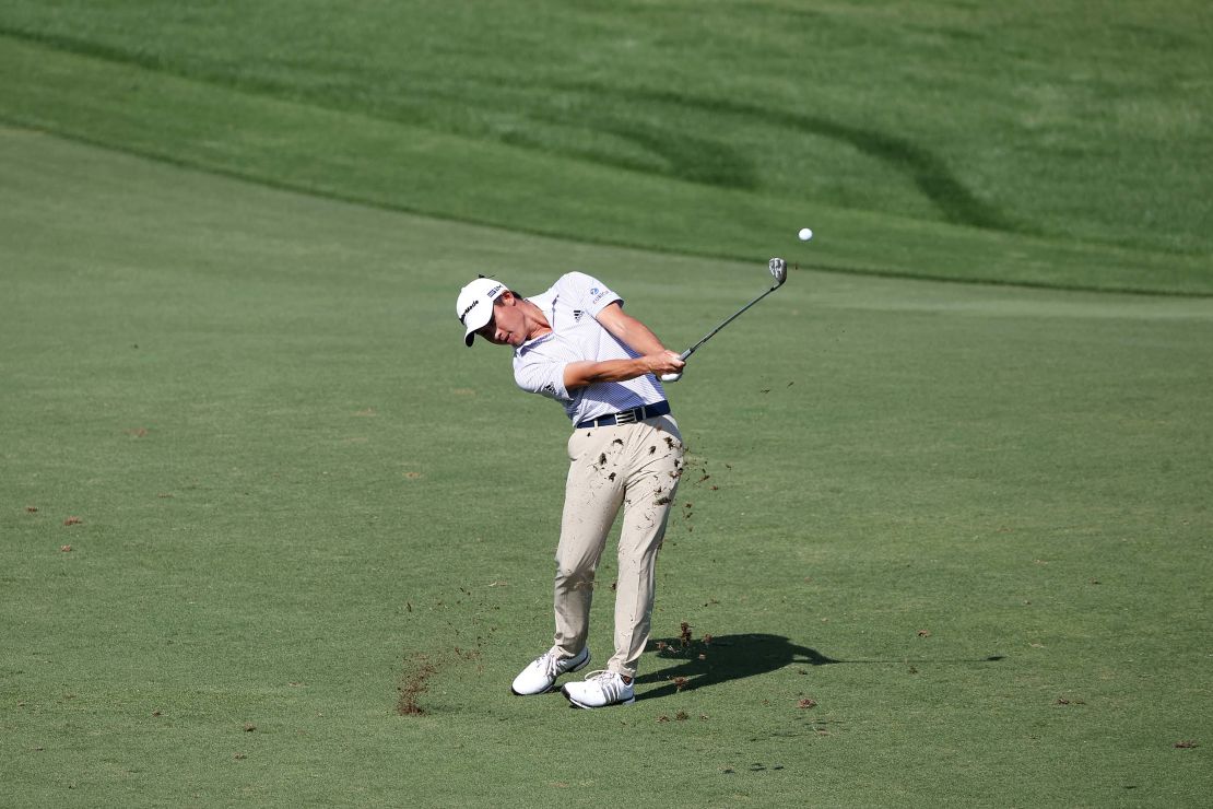 Morikawa plays a shot during day two of the DP World Tour Championship.