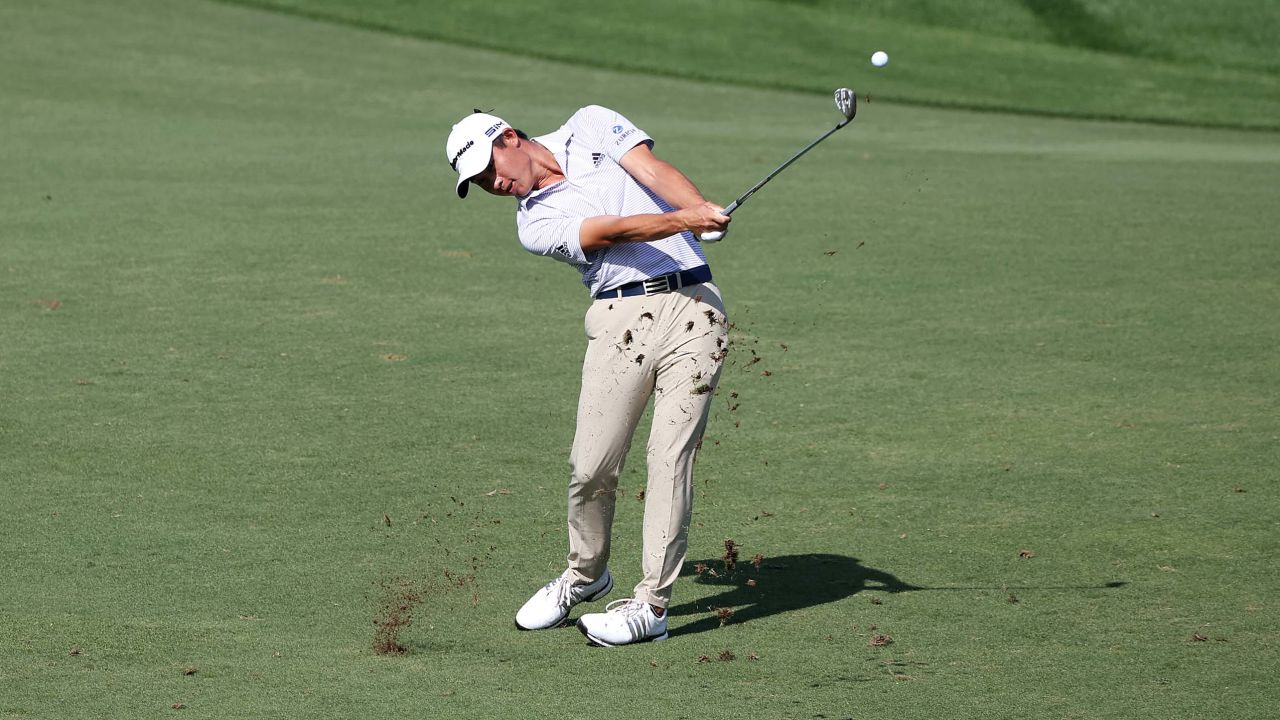 Morikawa plays a shot during day two of the DP World Tour Championship.