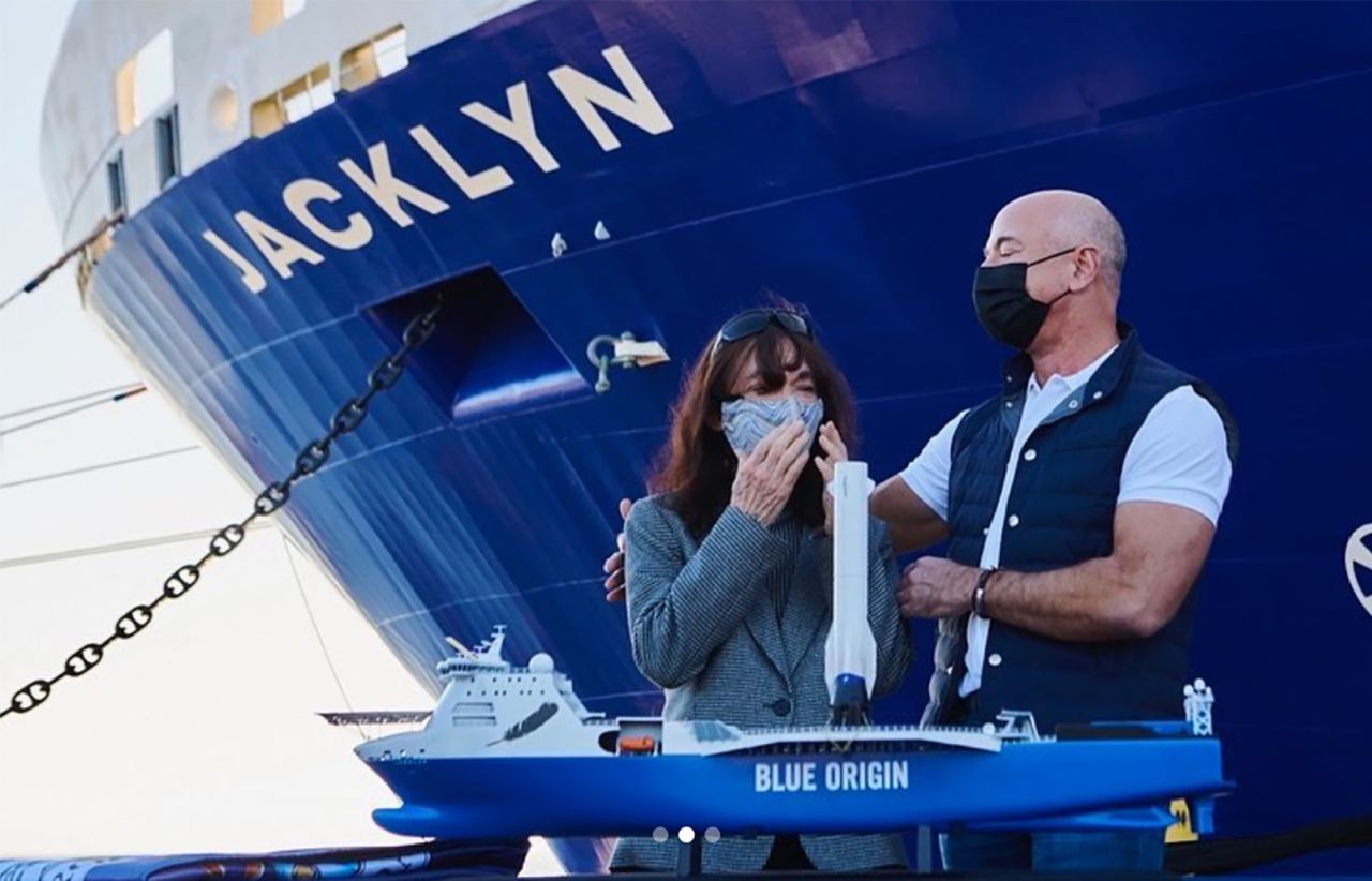 In December 2020, Bezos <a href="https://www.instagram.com/p/CJaEh_NHGUN/" target="_blank" target="_blank">posted this photo</a> of him and his mother, Jacklyn, after Blue Origin's rocket-catching recovery boat was named in her honor.
