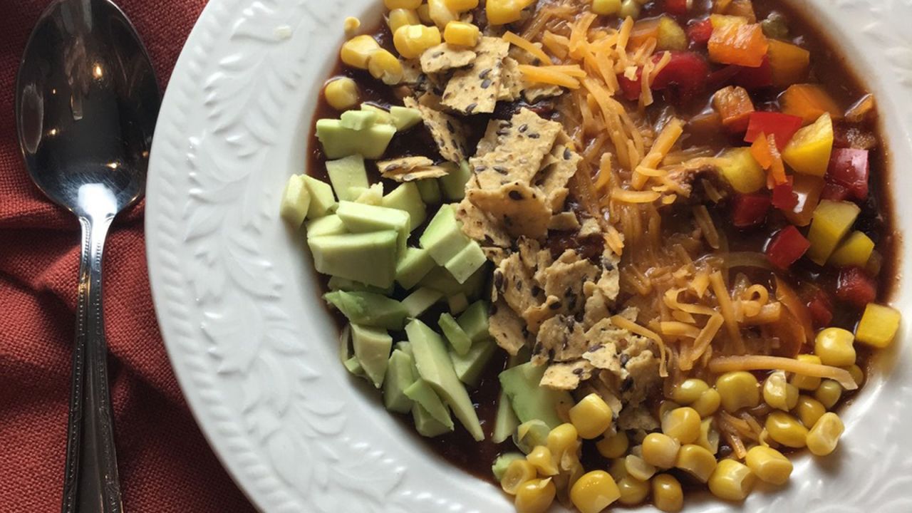 Keep your pantry stocked with canned beans, which you can use to make registered dietitian Bonnie Taub-Dix's spicy dark chocolate chili bowls.