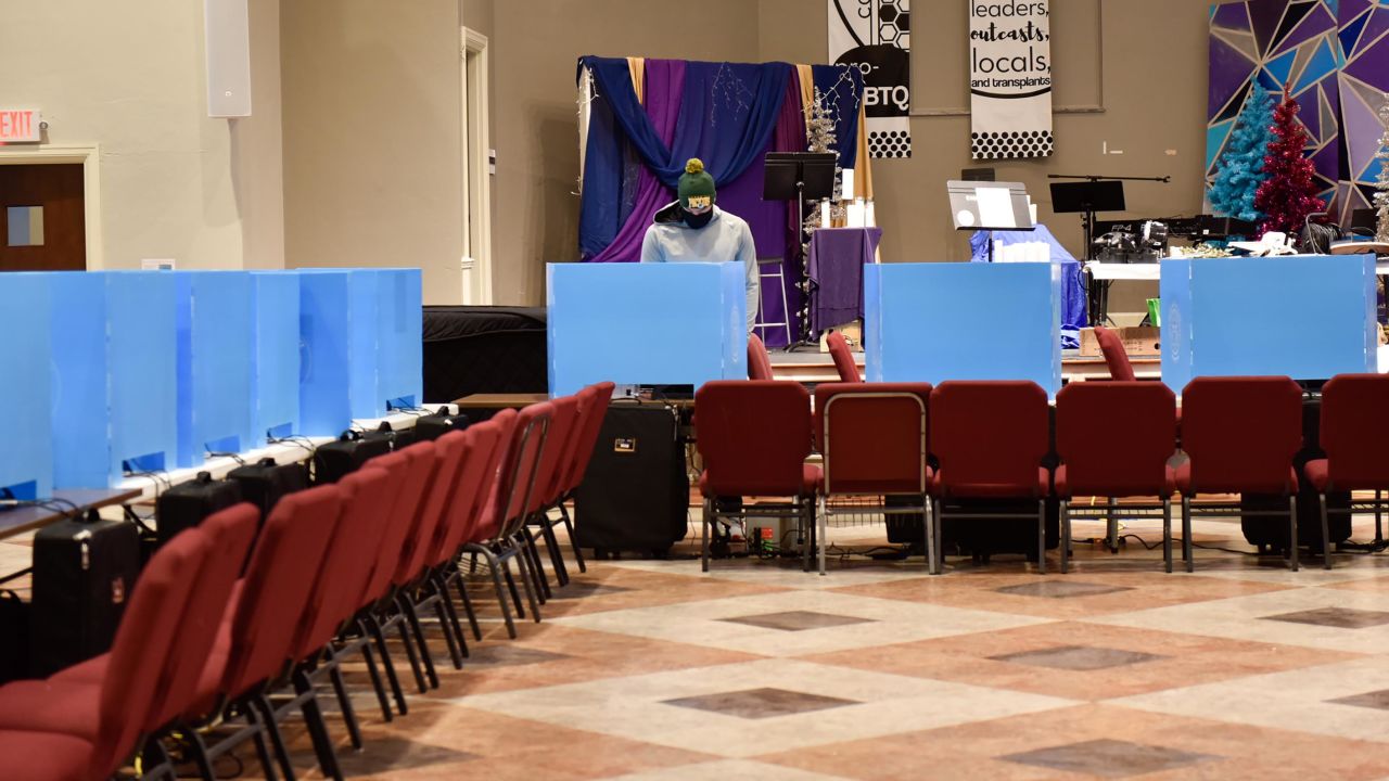A voter is seen at the neighborhood church polling station in Candler Park in Atlanta during the Georgia runoff elections on January 5, 2021.