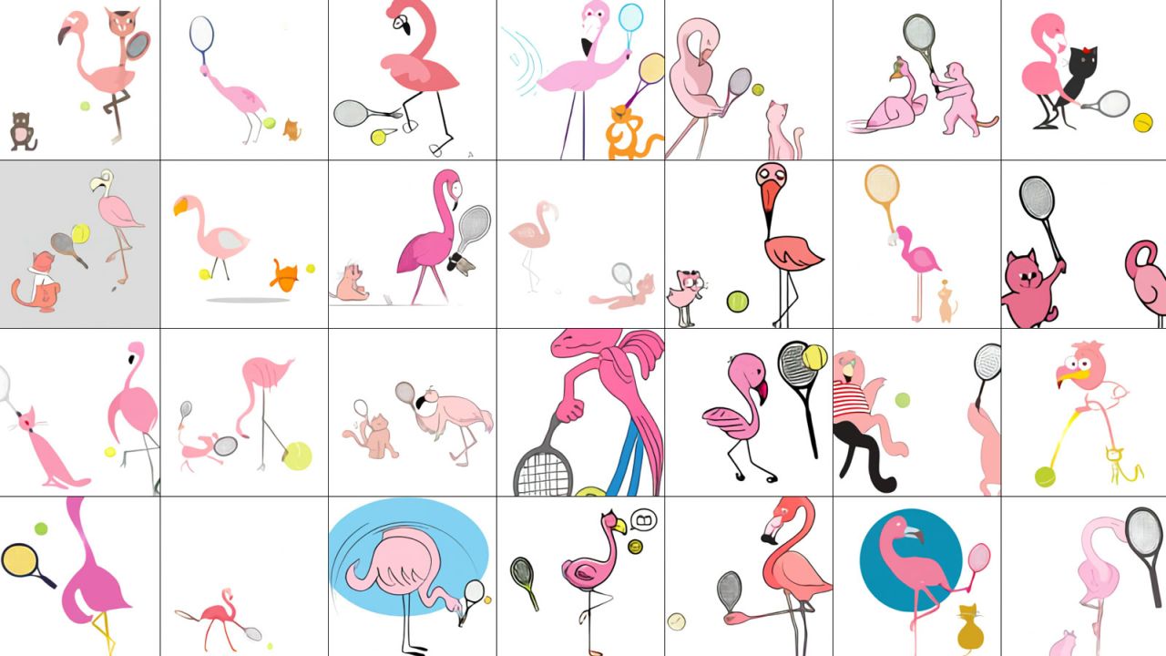 DALL-E has a harder time with more complicated prompts; this one requested "an illustration of a flamingo playing tennis with a cat".