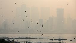 A general view shows birds flying as smog obscures buildings near the Arabian sea coast in Mumbai, India, 01 December 2020.