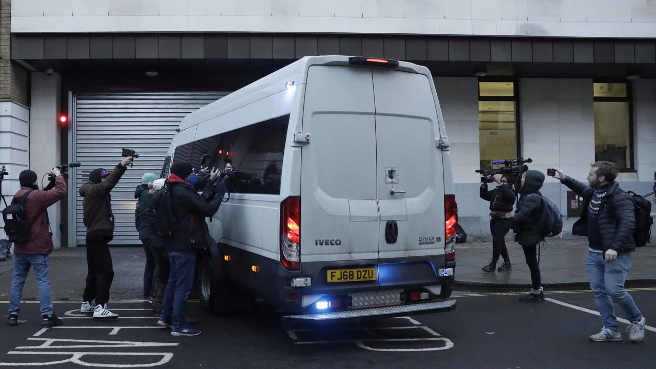 WikiLeaks founder Julian Assange arrives at Westminster Magistrates Court for his bail hearing in London on Wednesday.