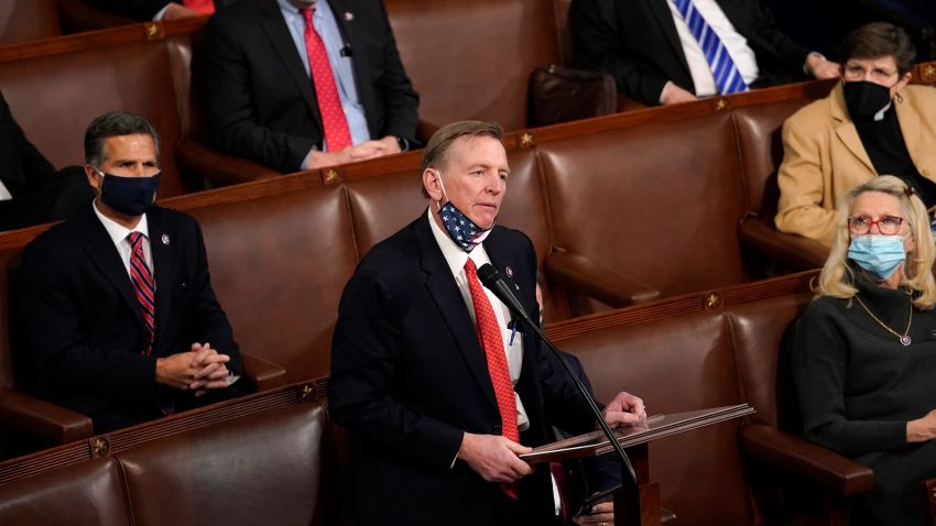 WASHINGTON, DC - JANUARY 06: U.S. Sen. Paul Gosar (R-AZ) speaks on the floor of the House Chamber during a joint session of congress on January 06, 2021 in Washington, DC. Congress held a joint session today to ratify President-elect Joe Biden's 306-232 Electoral College win over President Donald Trump. A group of Republican senators said they would reject the Electoral College votes of several states unless Congress appointed a commission to audit the election results. (Photo by Drew Angerer/Getty Images)