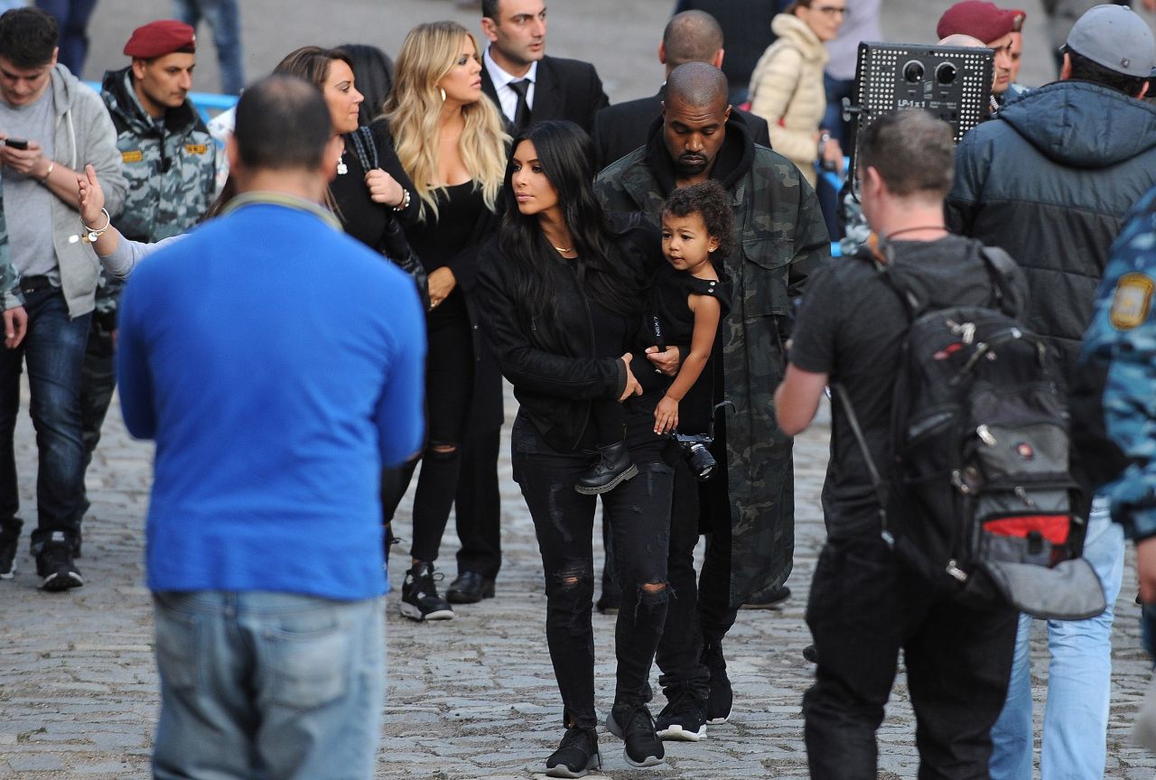 Kim holds North as the family visits the Geghard Monastery in Armenia in April 2015. Kim's grandparents were Armenian-American.